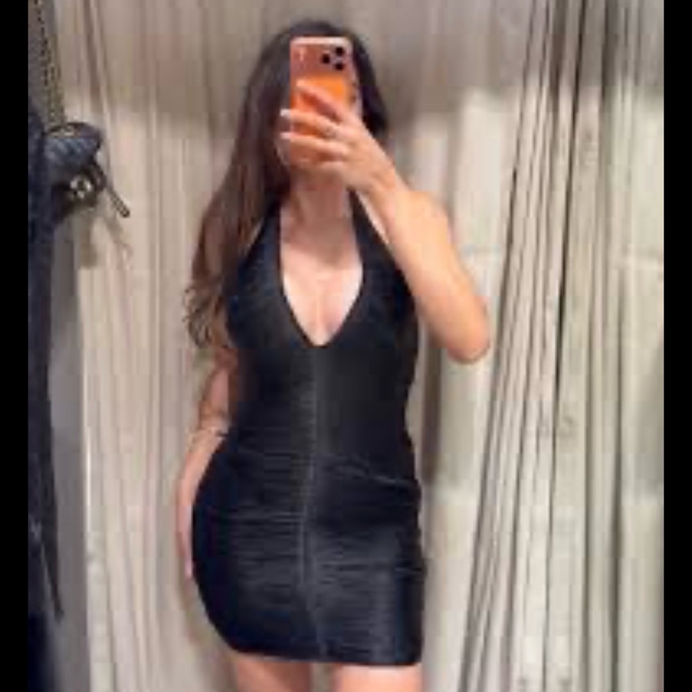 Zara Black V-Neck Halter Fringe Mini Dress